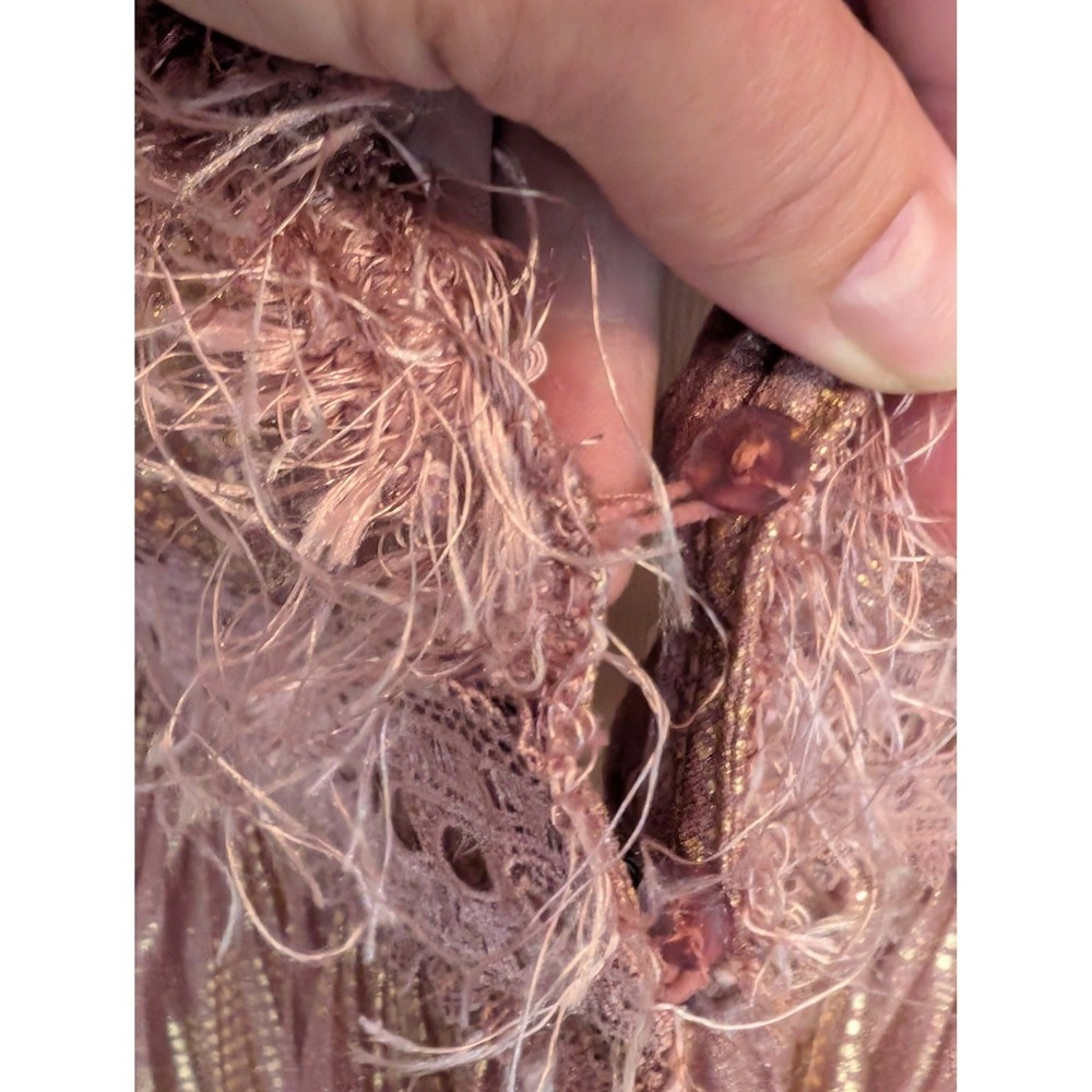 Moon River Dusty Rose Metallic Peplum Blouse L Eyelash Feather Trim Boho Glam - Picture 8 of 10
